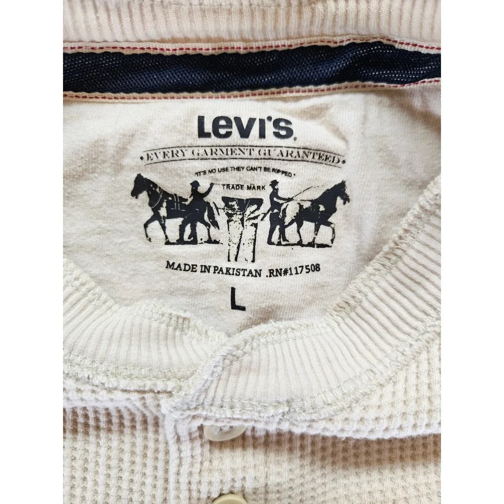Levis Mens Henley Shirt Large Cream Waffle Knit Thermal Long Sleeve Red Tab